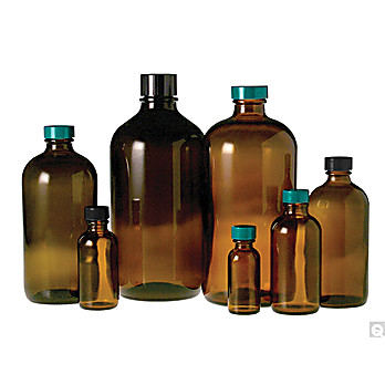 Amber Boston Round Bottles with Black Phenolic Rubber Lined Caps