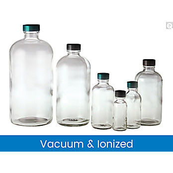 Vacuum & Ionized Clear Boston Round Bottles with Black Phenolic Pulp/Vinyl Caps 