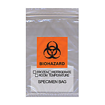 Econo-Zip Specimen Transport Bag, 6W x 9H, 1.75 MIL, 3-wall, Absorbent Pad, Orange/Black Biohazard