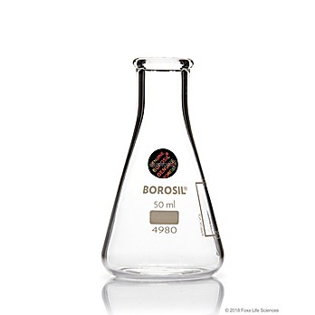 Borosil® Narrow Mouth Erlenmeyer Conical Flasks with Interchangeable Glass Stopper