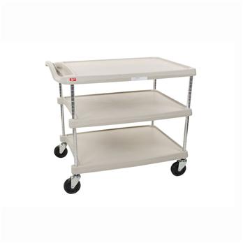 Gray Utility Cart with Three Shelves and Chrome Posts