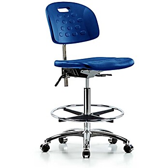 Class 100 Newport Industrial Polyurethane Clean Room Chair - High Bench Height with Seat Tilt, Chrome Foot Ring, & Casters in Blue Polyurethane