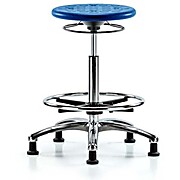 Class 10 Huron Polyurethane Clean Room Stool - High Bench Height with Chrome Foot Ring & Stationary Glides in Blue Polyurethane