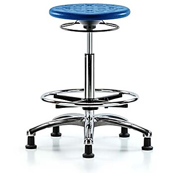 Class 10 Huron Polyurethane Clean Room Stool - High Bench Height with Chrome Foot Ring & Stationary Glides in Blue Polyurethane