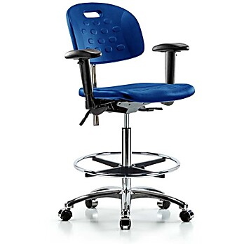 Class 100 Newport Industrial Polyurethane Clean Room Chair - High Bench Height with Seat Tilt, Adjustable Arms, Chrome Foot Ring, & Casters in Blue Polyurethane