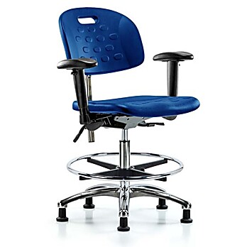 Class 100 Newport Industrial Polyurethane Clean Room Chair - medium Bench Height with Adjustable Arms, Chrome Foot Ring, & Stationary Glides in Blue Polyurethane