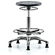Class 10 Huron Polyurethane Clean Room Stool - High Bench Height with Chrome Foot Ring and Stationary Glides in Black Polyurethane