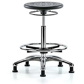 Class 10 Huron Polyurethane Clean Room Stool - High Bench Height with Chrome Foot Ring and Stationary Glides in Black Polyurethane