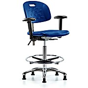 Class 100 Newport Industrial Polyurethane Clean Room Chair - High Bench Height with Adjustable Arms, Chrome Foot Ring, & Stationary Glides in Blue Polyurethane