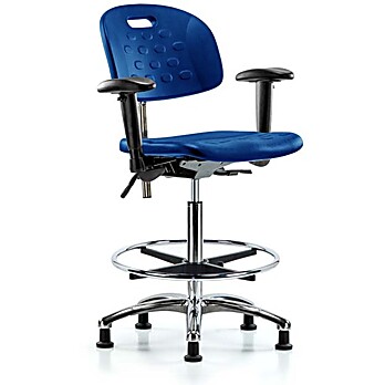 Class 100 Newport Industrial Polyurethane Clean Room Chair - High Bench Height with Adjustable Arms, Chrome Foot Ring, & Stationary Glides in Blue Polyurethane