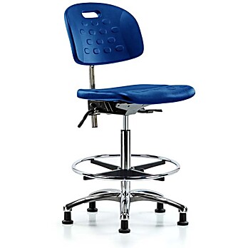 Class 100 Newport Industrial Polyurethane Clean Room Chair - High Bench Height with Seat Tilt, Chrome Foot Ring, & Stationary Glides in Blue Polyurethane