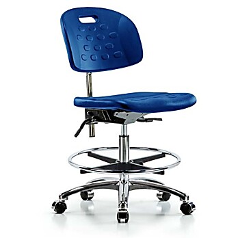 Class 100 Newport Industrial Polyurethane Clean Room Chair - medium Bench Height with Seat Tilt, Chrome Foot Ring, & Casters in Blue Polyurethane