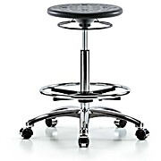 Class 10 Huron Polyurethane Clean Room Stool - High Bench Height with Chrome Foot Ring and Casters in Black Polyurethane