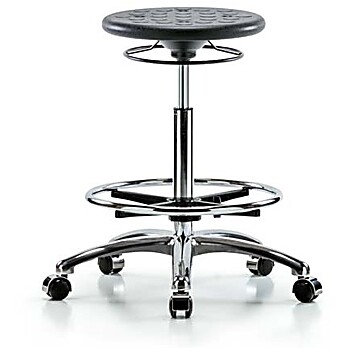 Class 10 Huron Polyurethane Clean Room Stool - High Bench Height with Chrome Foot Ring and Casters in Black Polyurethane