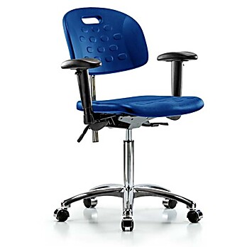 Class 100 Newport Industrial Polyurethane Clean Room Chair - medium Bench Height with Adjustable Arms & Casters in Blue Polyurethane