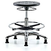 Class 10 Huron Polyurethane Clean Room Stool - Medium Bench Height with Chrome Foot Ring and Stationary Glides in Black Polyurethane