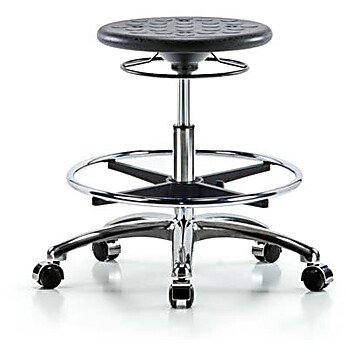 Class 10 Huron Polyurethane Clean Room Stool - Medium Bench Height with Chrome Foot Ring and Casters in Black Polyurethane