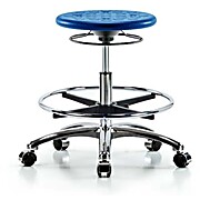Class 10 Huron Polyurethane Clean Room Stool - Medium Bench Height with Chrome Foot Ring & Casters in Blue Polyurethane