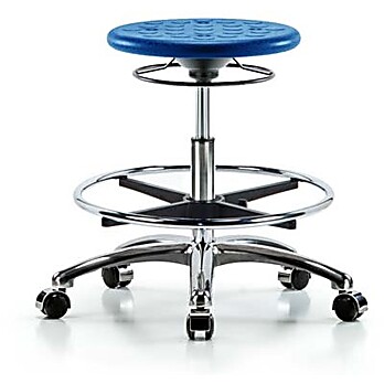 Class 10 Huron Polyurethane Clean Room Stool - Medium Bench Height with Chrome Foot Ring & Casters in Blue Polyurethane