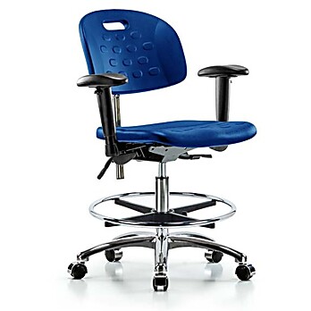 Class 100 Newport Industrial Polyurethane Clean Room Chair - medium Bench Height with Adjustable Arms, Chrome Foot Ring, & Casters in Blue Polyurethane