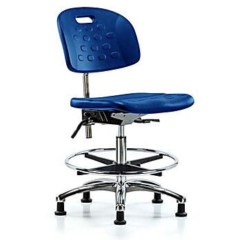 Class 10 Newport Industrial Polyurethane Clean Room Chair - medium Bench Height with Chrome Foot Ring & Stationary Glides in Blue Polyurethane