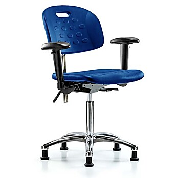Class 100 Newport Industrial Polyurethane Clean Room Chair - medium Bench Height with Adjustable Arms & Stationary Glides in Blue Polyurethane