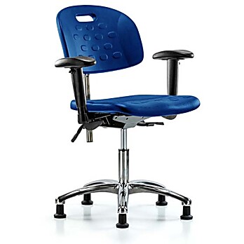 Class 100 Newport Industrial Polyurethane Clean Room Chair - Desk Height with Seat Tilt, Adjustable Arms, & Stationary Glides in Blue Polyurethane