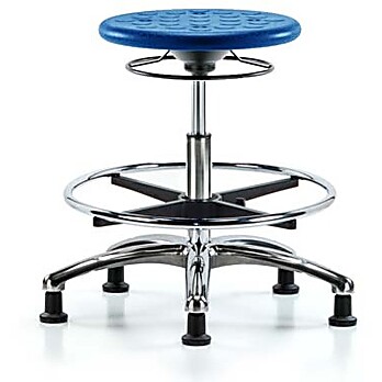 Class 10 Huron Polyurethane Clean Room Stool - Medium Bench Height with Chrome Foot Ring & Stationary Glides in Blue Polyurethane