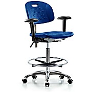 Class 100 Newport Industrial Polyurethane Clean Room Chair - High Bench Height with Adjustable Arms, Chrome Foot Ring, & Casters in Blue Polyurethane