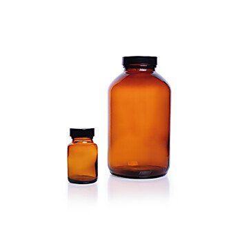KIMBLE® Amber Glass Wide-Mouth Packer Bottles, Convenience Packs (Caps Attached), 250 mL, Pulp / Vinyl