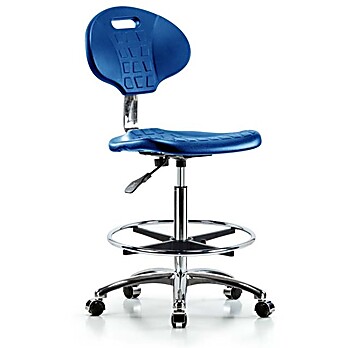 Class 10 Erie Polyurethane Clean Room Chair - High Bench Height with Chrome Foot Ring & Casters in Blue Polyurethane