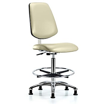 Class 10 Clean Room Vinyl Chair Chrome - High Bench Height with Medium Back, Chrome Foot Ring, & Stationary Glides