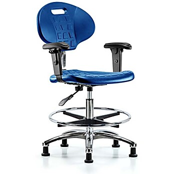 Class 10 Erie Polyurethane Clean Room Chair - Medium Bench Height with Adjustable Arms, Chrome Foot Ring & Stationary Glides in Blue Polyurethane