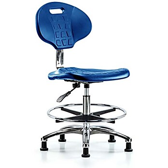 Class 10 Erie Polyurethane Clean Room Chair - Medium Bench Height with Chrome Foot Ring & Stationary Glides in Blue Polyurethane