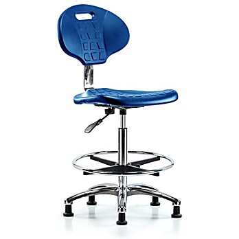 Class 10 Erie Polyurethane Clean Room Chair - High Bench Height with Chrome Foot Ring & Stationary Glides in Blue Polyurethane