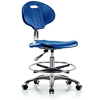Class 10 Erie Polyurethane Clean Room Chair - Medium Bench Height with Chrome Foot Ring & Casters in Blue Polyurethane