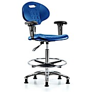 Class 10 Erie Polyurethane Clean Room Chair - High Bench Height with Adjustable Arms, Chrome Foot Ring & Stationary Glides in Blue Polyurethane