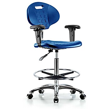 Class 10 Erie Polyurethane Clean Room Chair - High Bench Height with Adjustable Arms, Chrome Foot Ring, & Casters in Blue Polyurethane