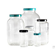 Clear Glass Jugs, 4 liter with 38-400 Green Thermoset F217 PTFE Lined Caps,  case/4