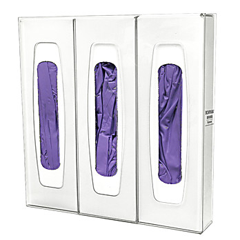 Glove Box Dispenser - Extra Long - Triple with Dividers. Holds three boxes of extended cuff gloves. Keyholes for wall mounting. Made of Clear PETG Plastic. Made in the USA.