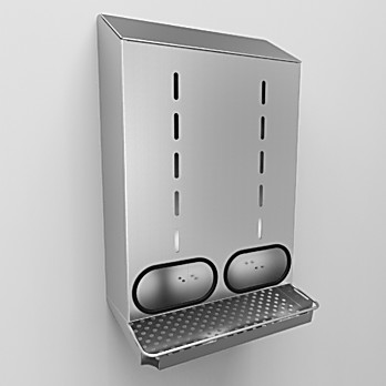 Two Compartment Wall Mount dispenser with obround openings and catch tray