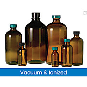 Vacuum & Ionized Amber Boston Round Bottles with Green Thermoset F217 & PTFE Caps