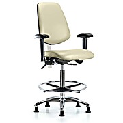 Class 100 Vinyl Clean Room Chair - High Bench Height with Medium Back, Adjustable Arms, Chrome Foot Ring & Stationary Glides