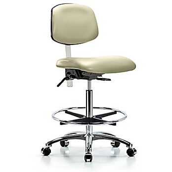 Class 100 Vinyl Clean Room Chair - High Bench Height with Seat Tilt, Chrome Foot Ring & Casters