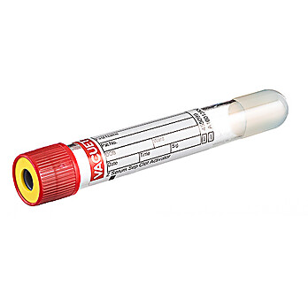 VACUETTE® TUBE 7 ml CAT Serum Separator Clot Activator 16x100 red cap-yellow ring, non-ridged, double gel, USA 