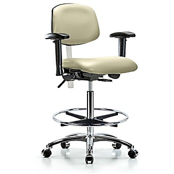 Class 100 Vinyl Clean Room Chair - High Bench Height with Seat Tilt, Adjustable Arms, Chrome Foot Ring & Casters