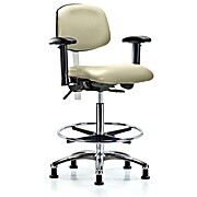 Class 100 Vinyl Clean Room Chair - High Bench Height with Adjustable Arms, Chrome Foot Ring & Stationary Glides