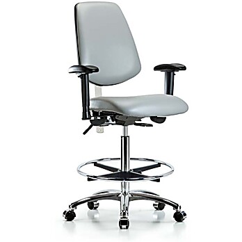 Class 100 Vinyl Clean Room Chair - High Bench Height with Medium Back, Adjustable Arms, Chrome Foot Ring & Casters