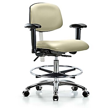 Class 100 Vinyl Clean Room Chair - Medium Bench Height with Seat Tilt, Adjustable Arms, Chrome Foot Ring, & Casters