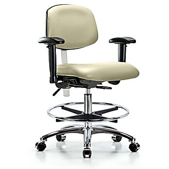 Class 100 Vinyl Clean Room Chair - Medium Bench Height with Adjustable Arms, Chrome Foot Ring, & Casters